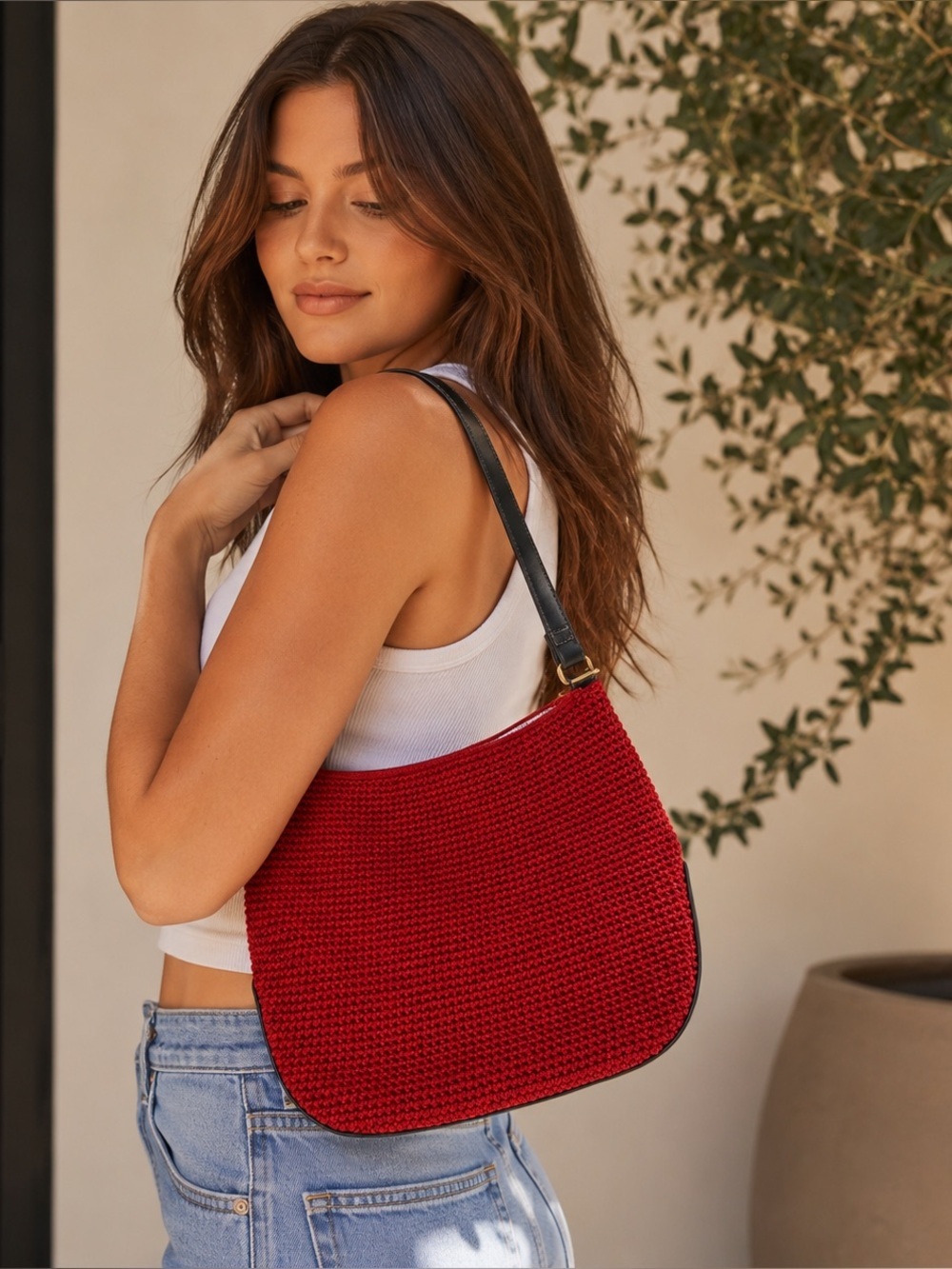 The Sak Red Crochet Shoulder Bag Boho Y2K Knit Hobo Purse